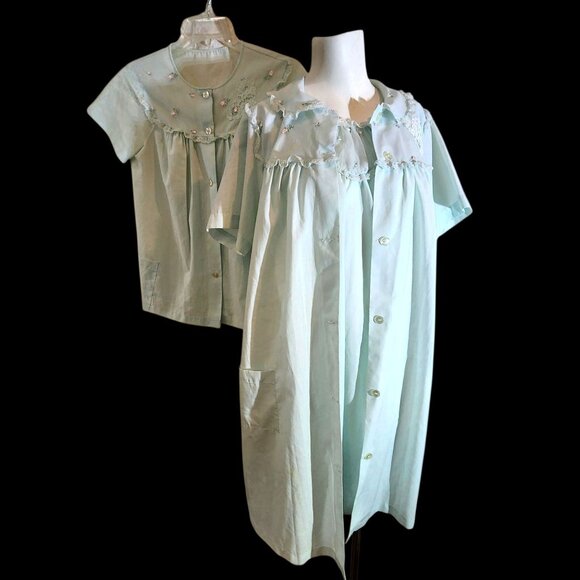 Vintage 60s 70s Sears Nightgown Robe & Shirt 3pc Set Blue Floral Lace Size S/M - Picture 6 of 10